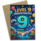 Lustige Geburtstagskarte zum 9. Geburtstag mit Pixelsternen|p:2021281|h:2e3e91170903137cb9fa84cf52565639