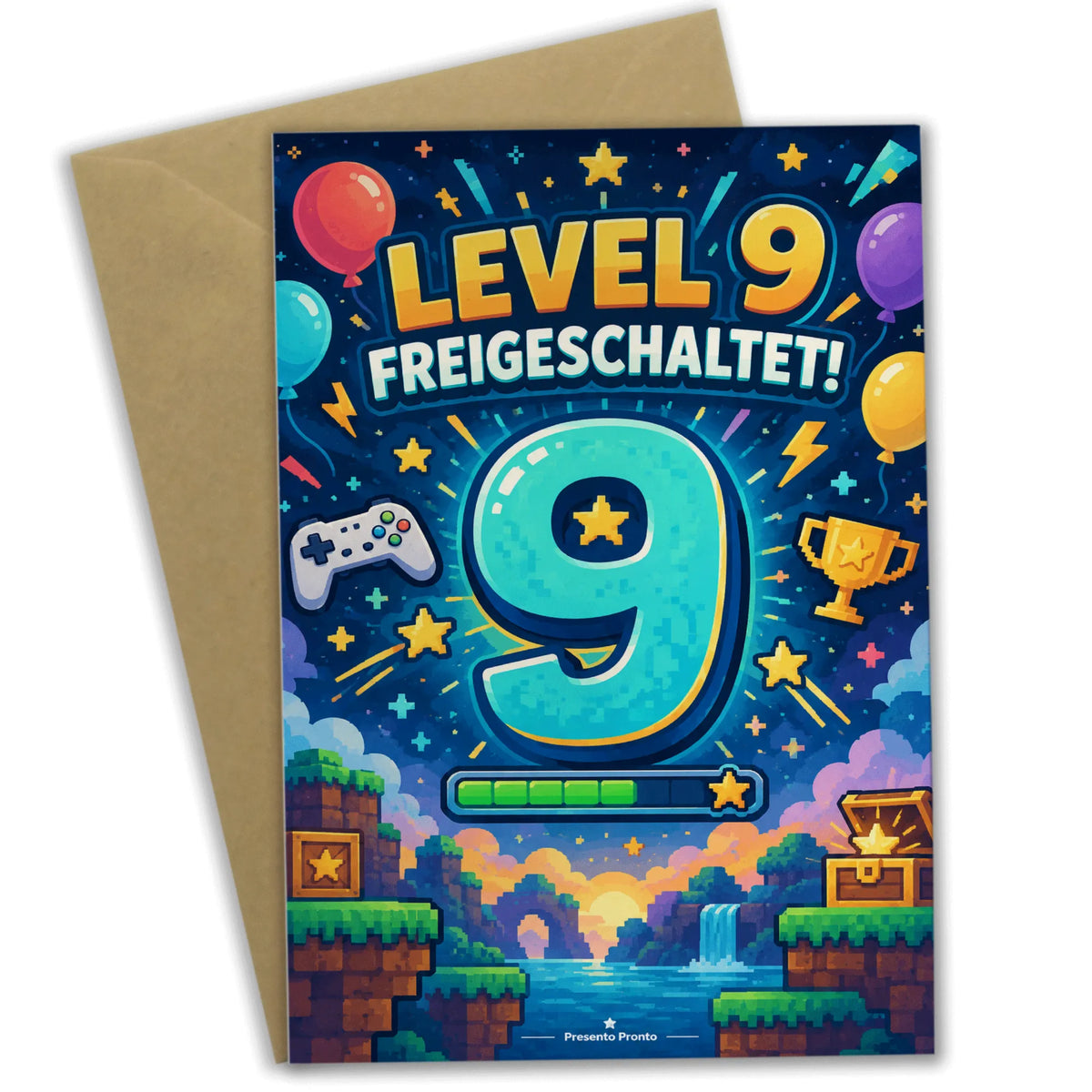 Lustige Geburtstagskarte zum 9. Geburtstag mit Pixelsternen