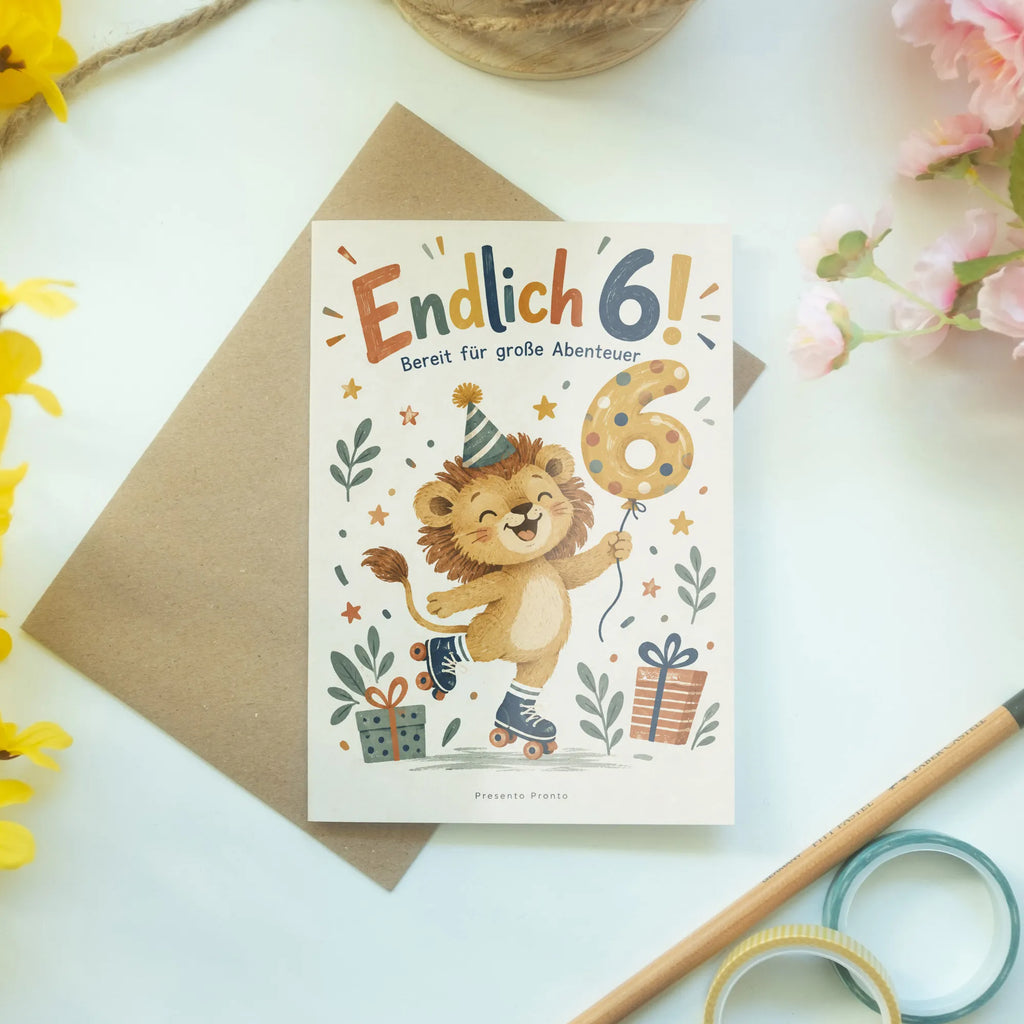 Verspielte Geburtstagskarte zum 6. Geburtstag mit Löwe|p:2021282|h:aafb50e9f63176ac18e8e6a0d60963b2
