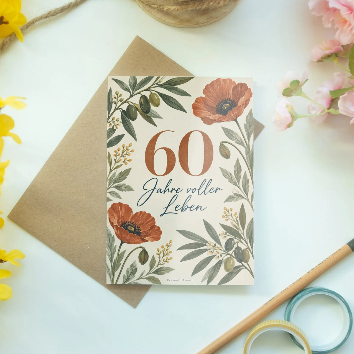 Elegante Geburtstagskarte zum 60 Geburtstag mit Olivenzweigen
