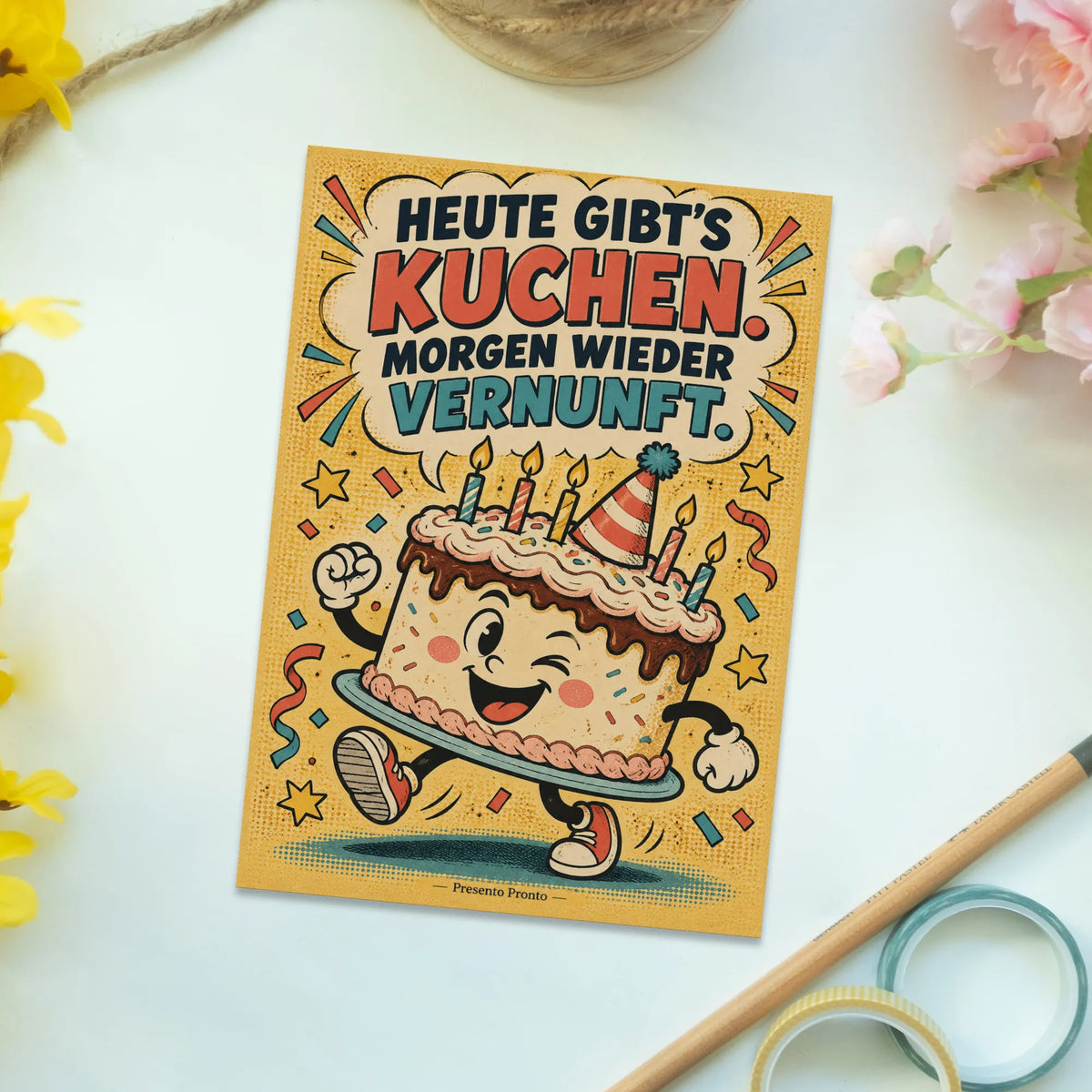 Lustige Comic Postkarte zum Geburtstag mit Kuchen