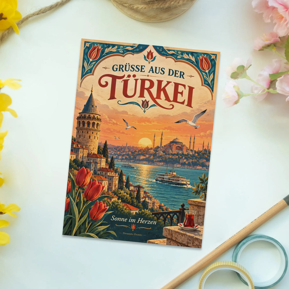 Nostalgische Urlaubspostkarte aus der Türkei mit Bosporus
