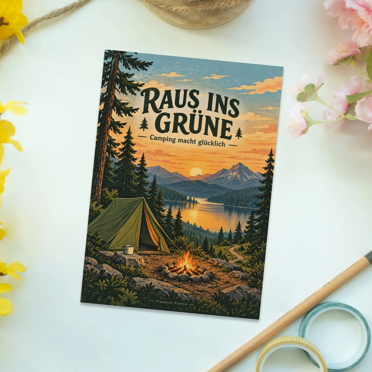 Fröhliche Postkarte für Camper mit Zelt am See