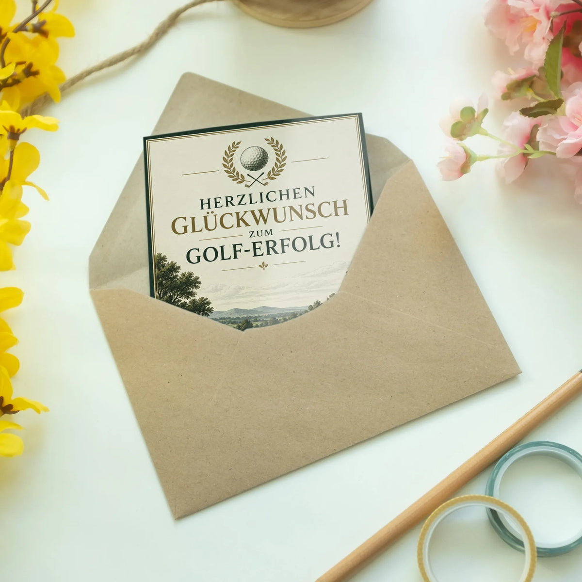 Elegante Glückwunschkarte für Golfer mit Fahne und Lorbeerkranz