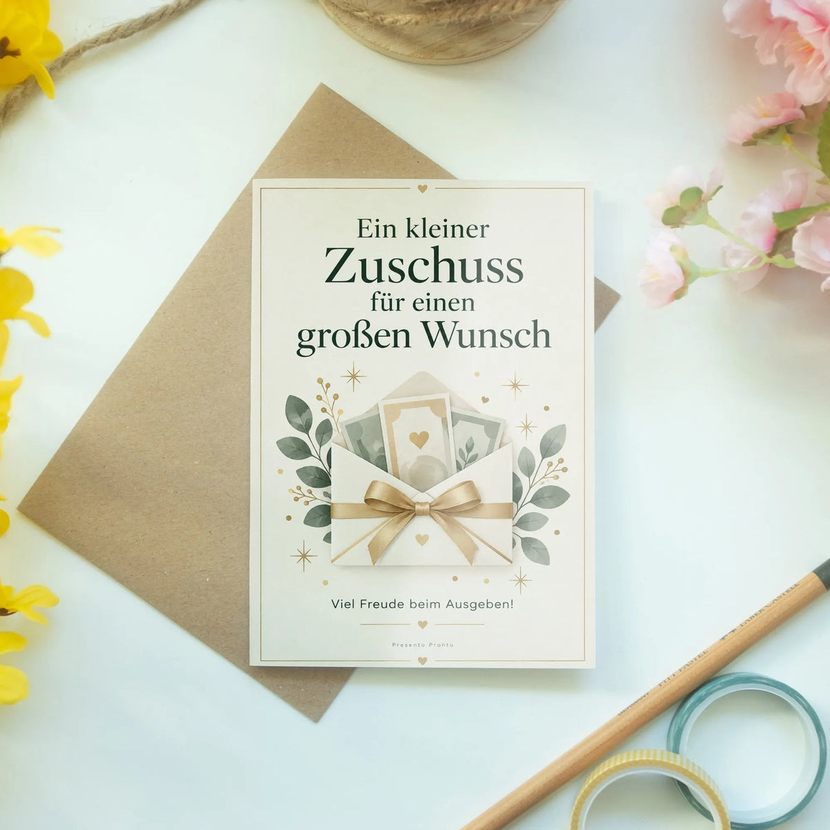 Elegante Grußkarte für Geldgeschenk mit goldener Schleife