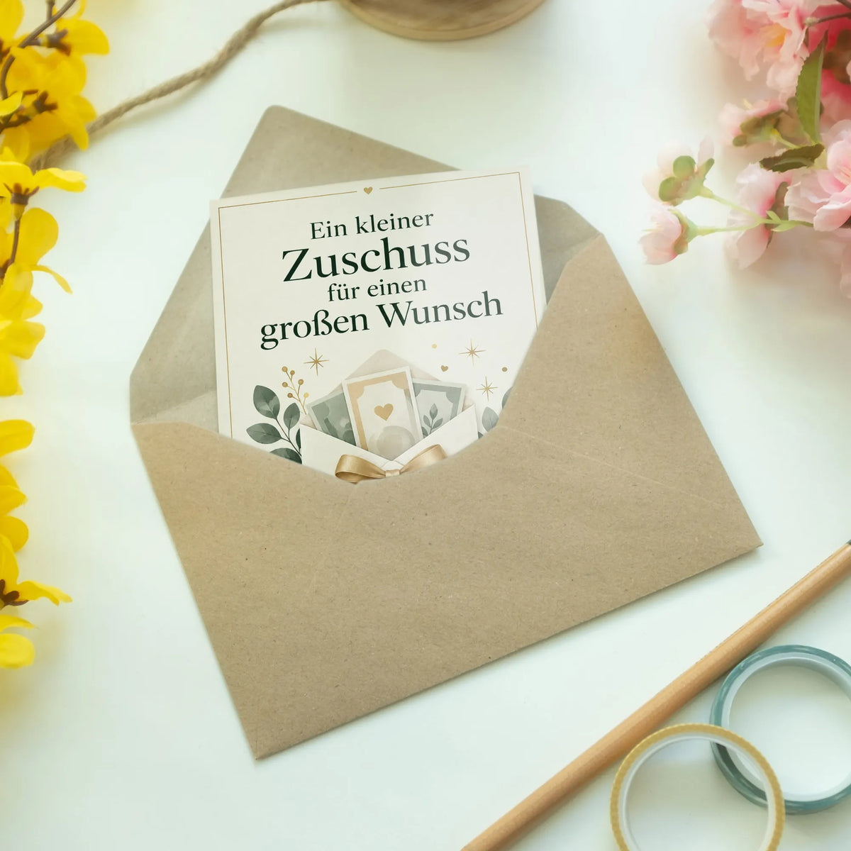 Elegante Grußkarte für Geldgeschenk mit goldener Schleife