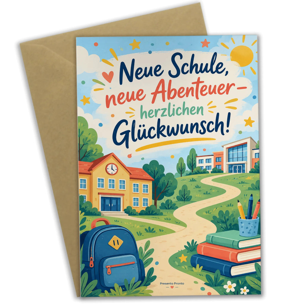 Fröhliche Glückwunschkarte zum Schulwechsel mit buntem Schulweg|p:2021343|h:e3ca1ff767794a1cebda0882c520960a