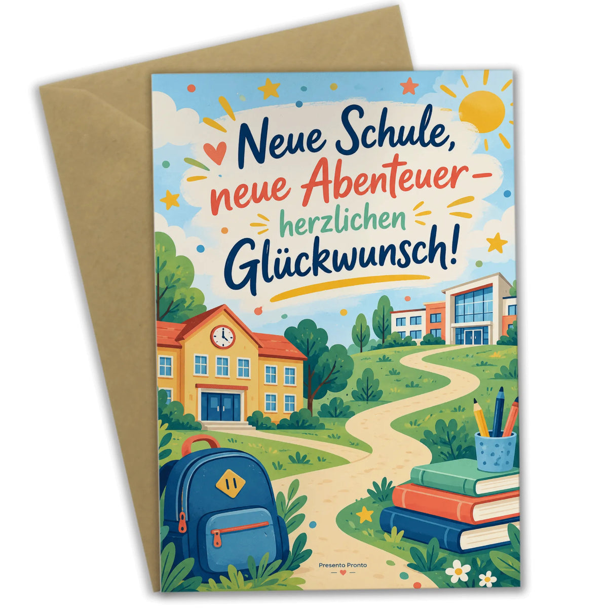 Fröhliche Glückwunschkarte zum Schulwechsel mit buntem Schulweg