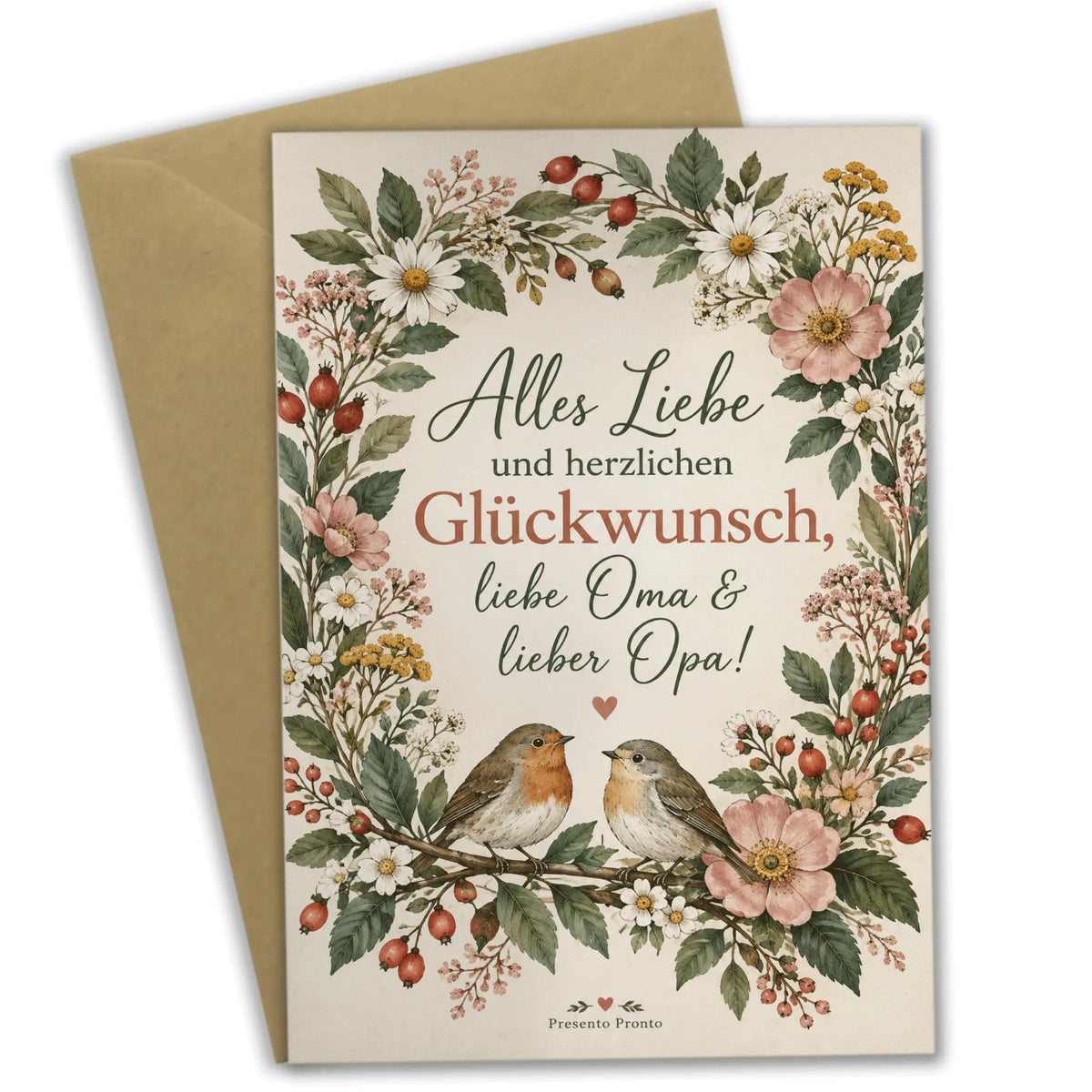 Herzliche Glückwunschkarte für Oma und Opa mit Blumenkranz