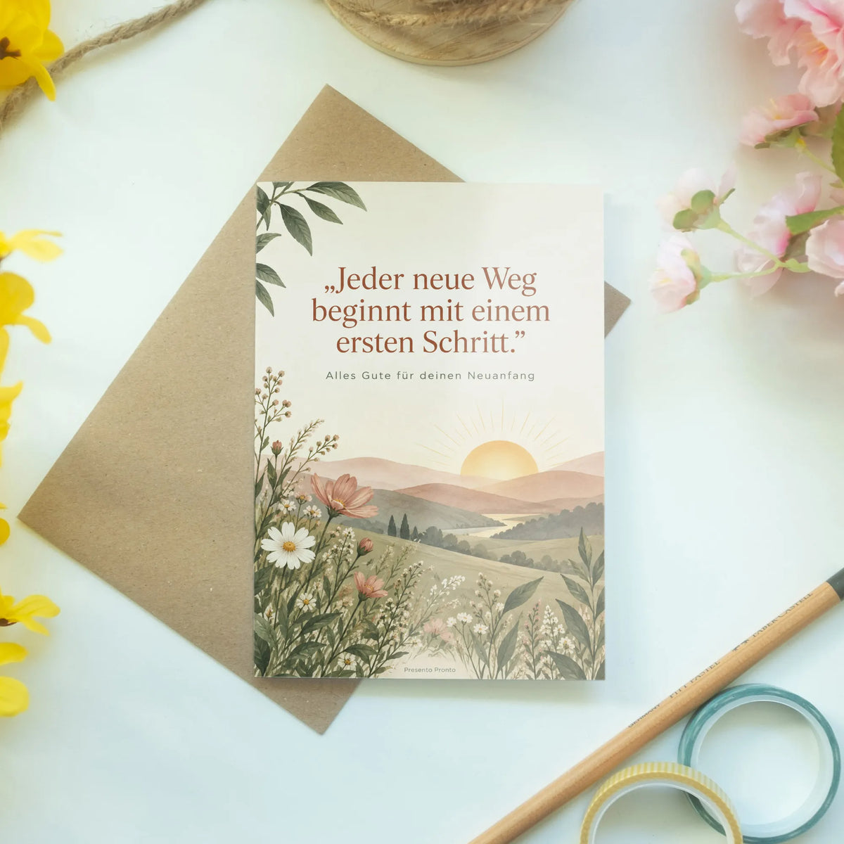 Hoffnungsvolle Grußkarte zum Neuanfang mit Sonnenaufgang