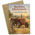 Herzliche Glückwunschkarte Traktor mit rotem Traktor im Feld