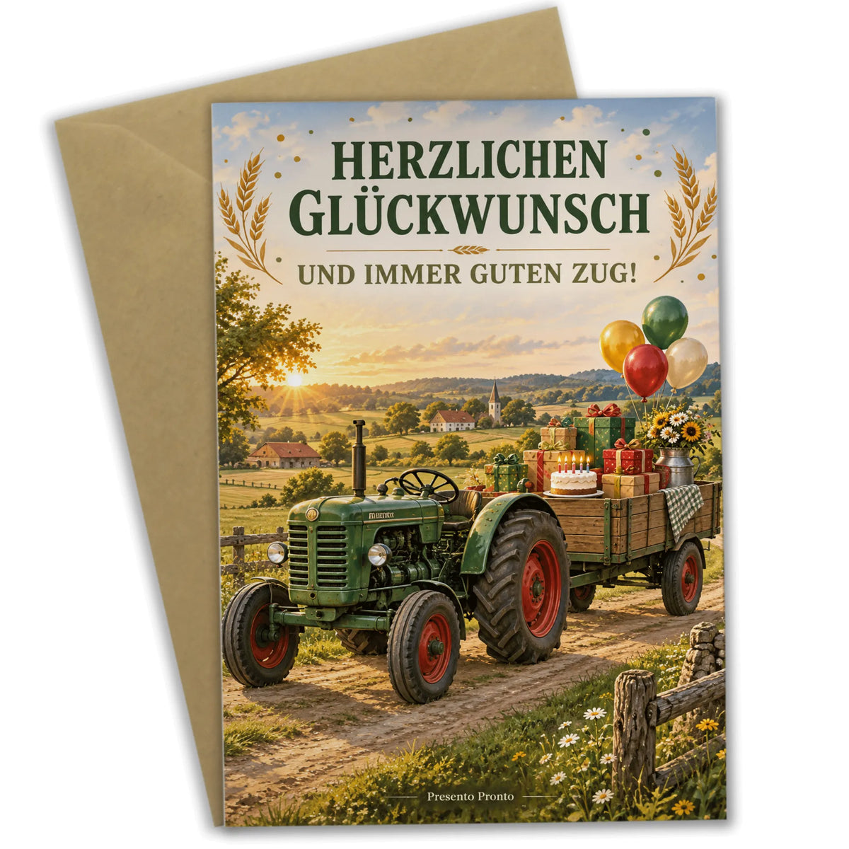 Lustige Geburtstagskarte mit Trecker und Anhänger