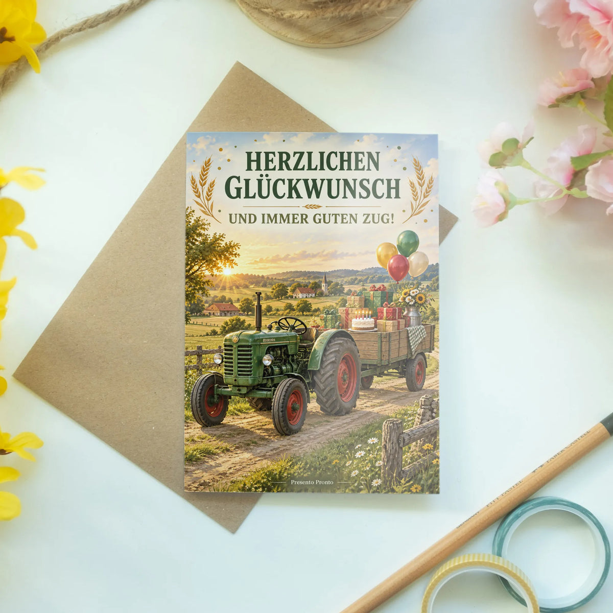 Lustige Geburtstagskarte mit Trecker und Anhänger