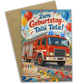 Lustige Geburtstagskarte für Kinder mit Feuerwehrauto