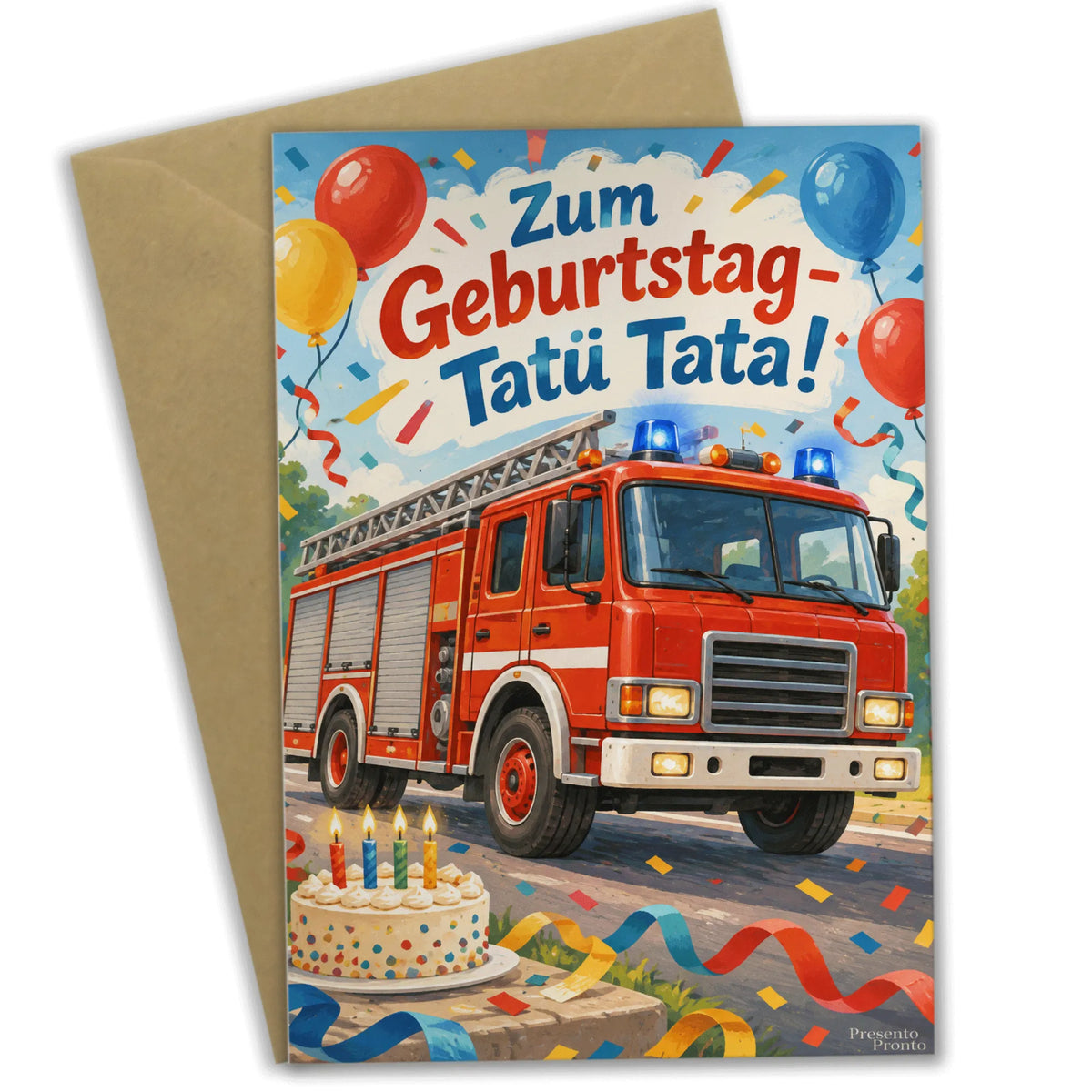 Lustige Geburtstagskarte für Kinder mit Feuerwehrauto