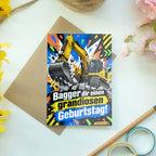 Lustige Geburtstagskarte mit gelbem Bagger|p:2021374|h:f1bc31c3f72cb7ff67698c318405344a