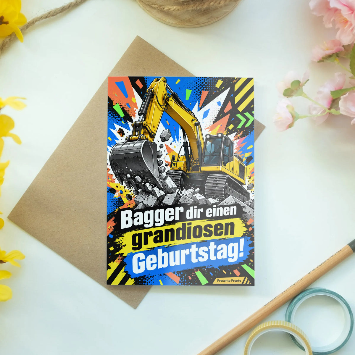 Lustige Geburtstagskarte mit gelbem Bagger