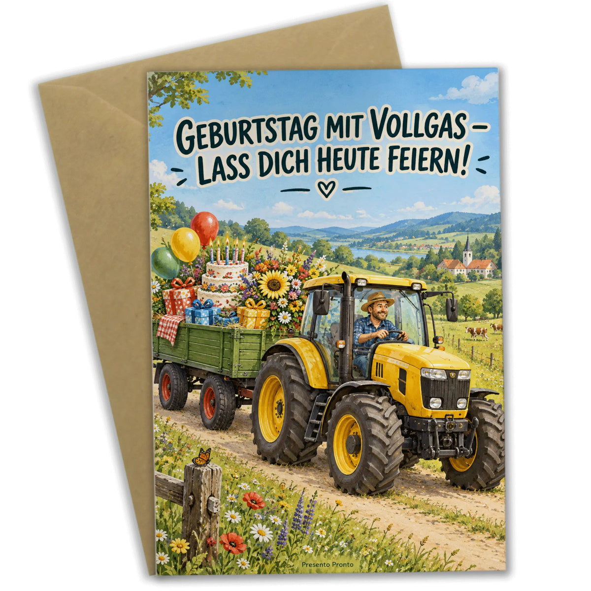 Lustige Geburtstagskarte mit Trecker und Anhänger