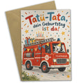 Lustige Geburtstagskarte für Kinder mit Feuerwehrauto