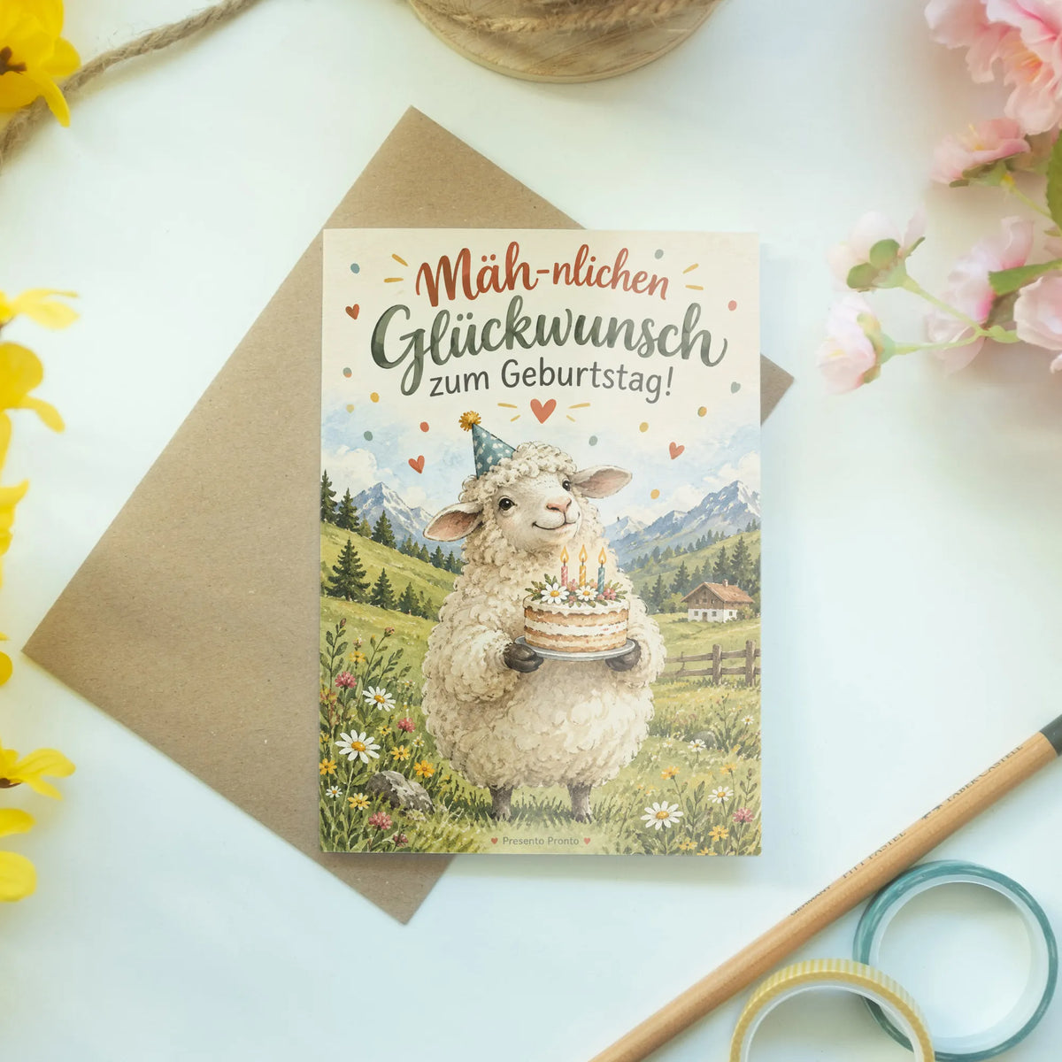 Lustige Geburtstagskarte mit Schaf und Partyhut