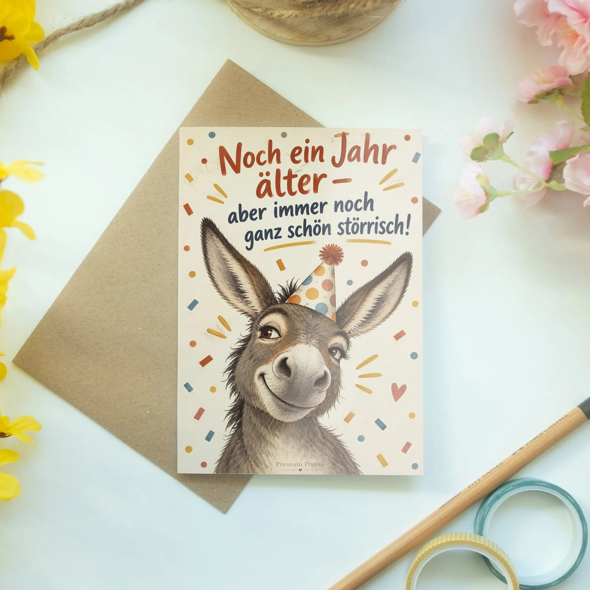 Lustige Geburtstagskarte mit Esel im Partyhut