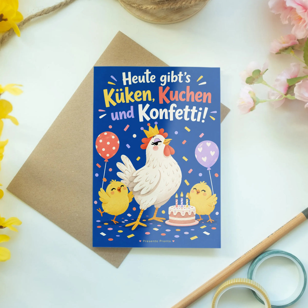 Lustige Geburtstagskarte mit Huhn und Küken