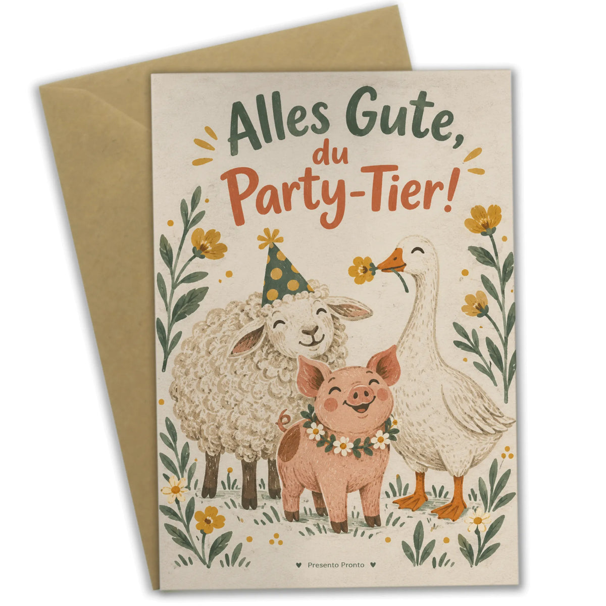 Lustige Geburtstagskarte mit Bauernhoftieren und Partyhut