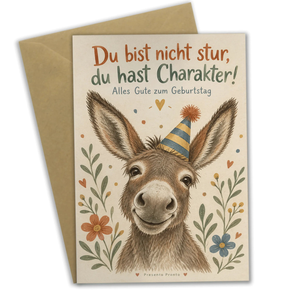 Lustige Geburtstagskarte mit Esel im Partyhut