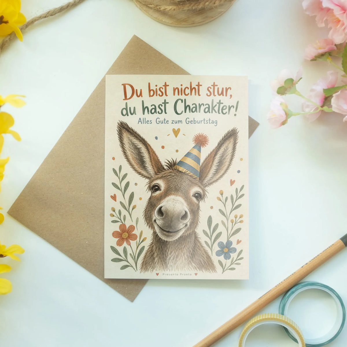 Lustige Geburtstagskarte mit Esel im Partyhut