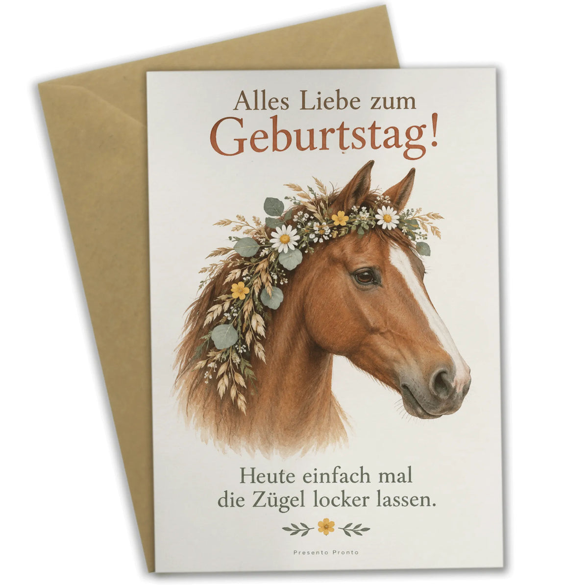 Liebevolle Geburtstagskarte für Pferdefans mit Pferdekopf im Blumenkranz