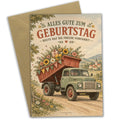 Lustige Geburtstagskarte mit Kipplaster und Geschenken