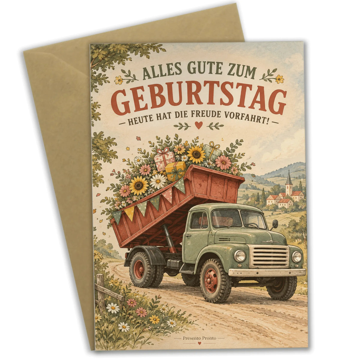 Lustige Geburtstagskarte mit Kipplaster und Geschenken