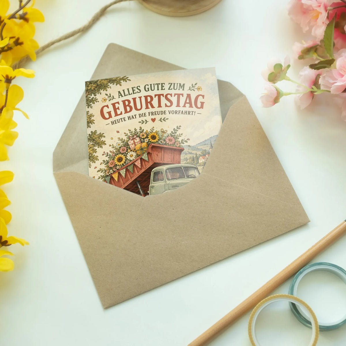 Lustige Geburtstagskarte mit Kipplaster und Geschenken