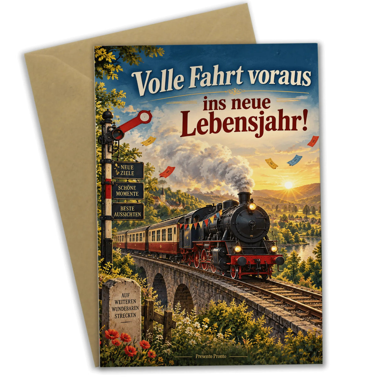 Schwungvolle Geburtstagskarte Eisenbahn mit Dampflok