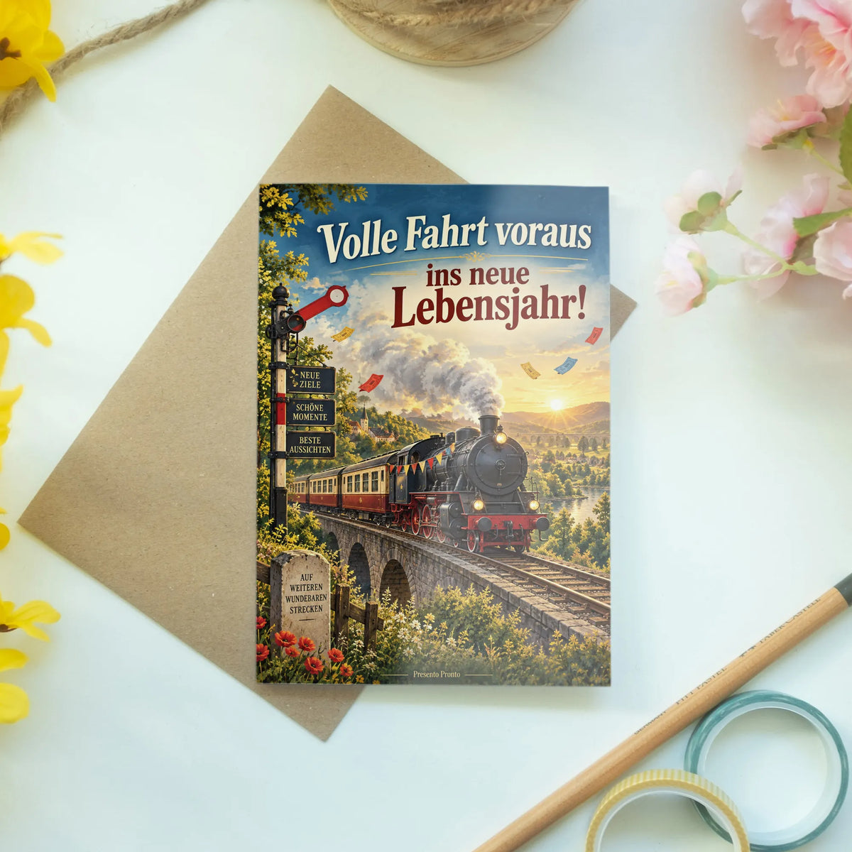 Schwungvolle Geburtstagskarte Eisenbahn mit Dampflok