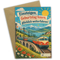 Lustige Geburtstagskarte Eisenbahn mit buntem Zug
