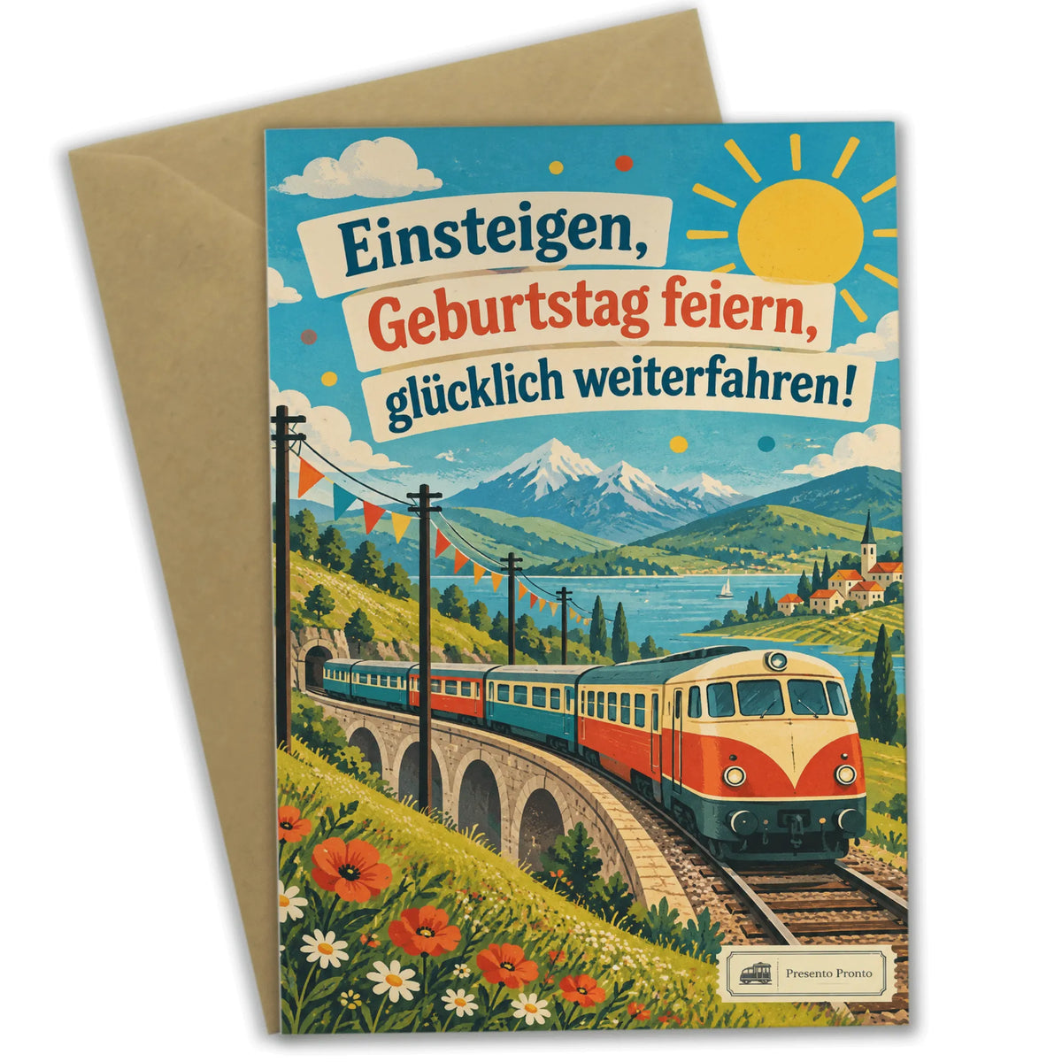 Lustige Geburtstagskarte Eisenbahn mit buntem Zug