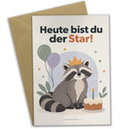 Lustige Geburtstagskarte mit feierndem Waschbär|p:2021417|h:f7dc0b1e894c489944defc35ecd0daff