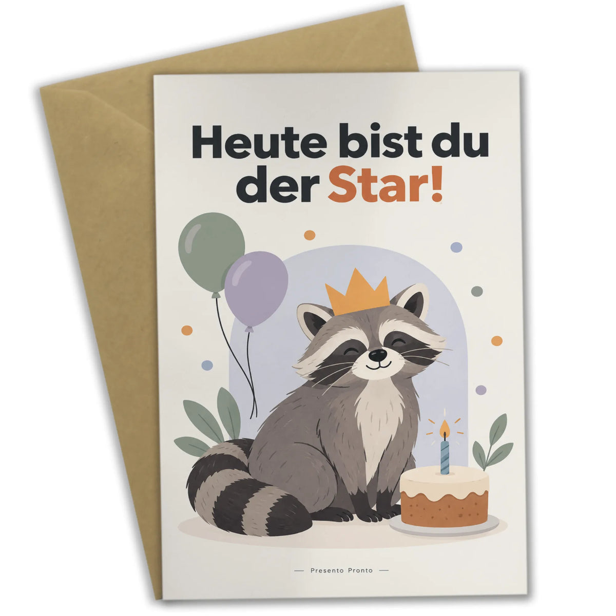 Lustige Geburtstagskarte mit feierndem Waschbär