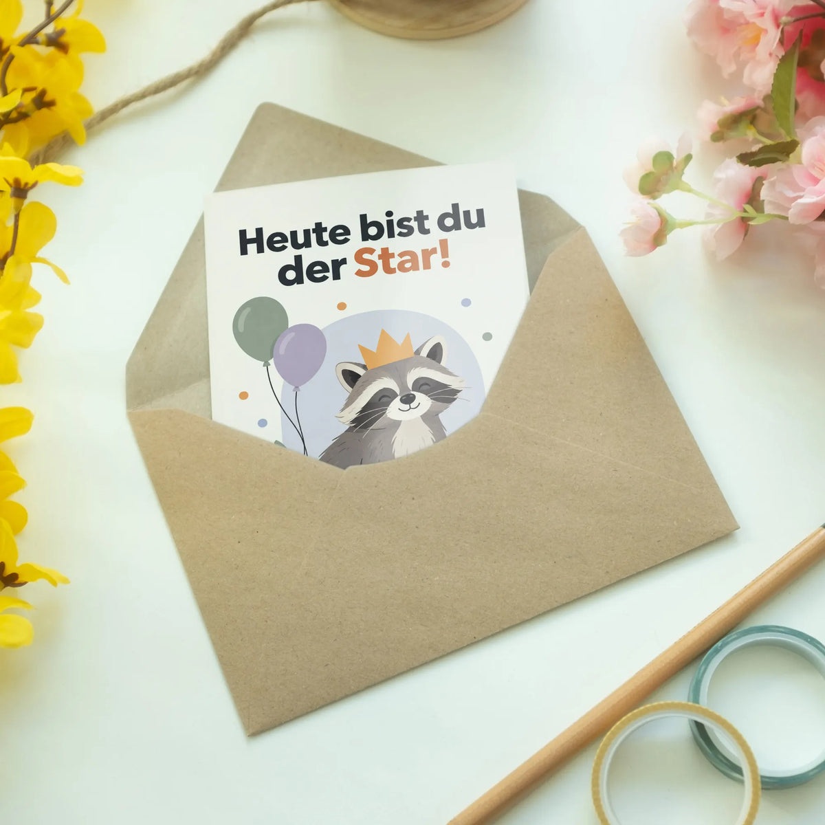 Lustige Geburtstagskarte mit feierndem Waschbär