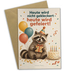 Lustige Geburtstagskarte mit feierndem Waschbär|p:2021419|h:0db455f7e8c2d126d0866e5f276f64a1