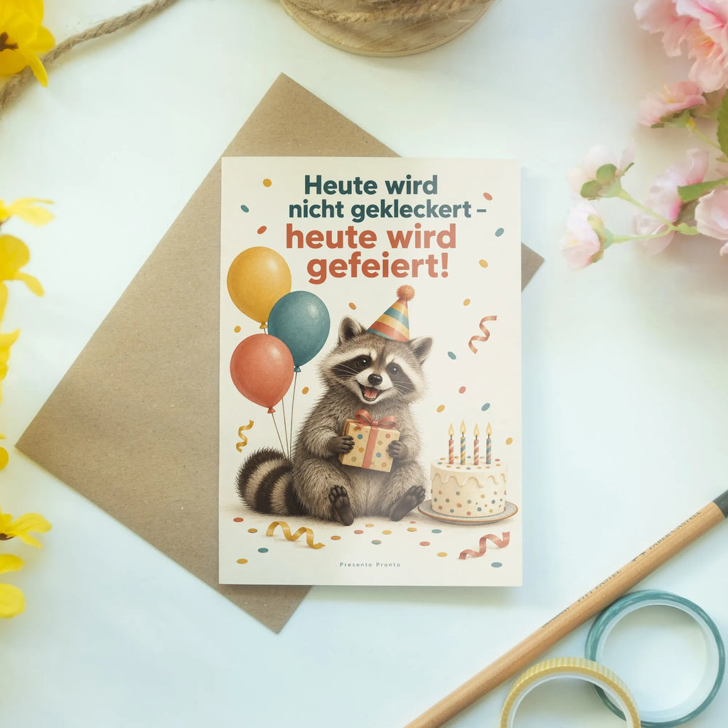 Lustige Geburtstagskarte mit feierndem Waschbär|p:2021419|h:e7dc314eea69493beacc56ded7fb141e