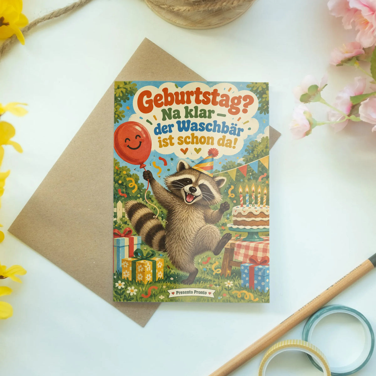 Lustige Geburtstagskarte mit tanzendem Waschbär