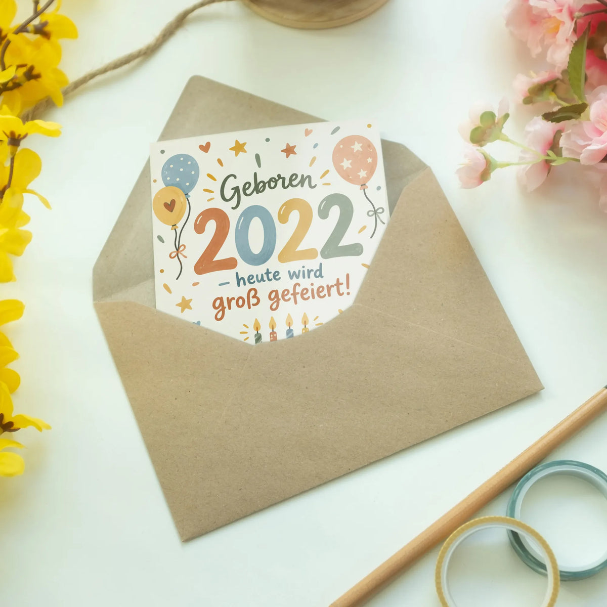 Fröhliche Geburtstagskarte Jahrgang 2022 mit Kuchen und Ballons