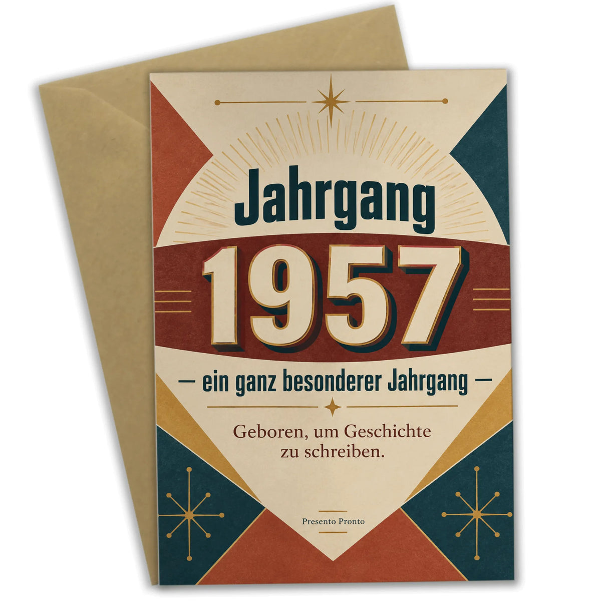 Elegante Geburtstagskarte für den Jahrgang 1957 mit Retro-Sonnenstrahlen