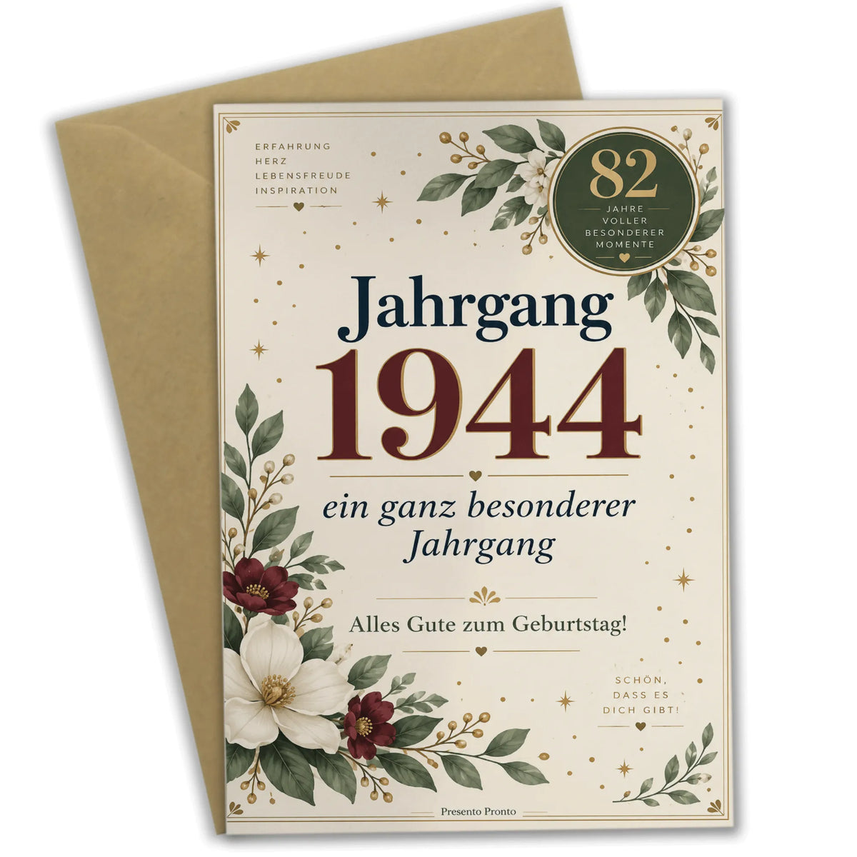 Elegante Geburtstagskarte Jahrgang 1944 mit Blumen zum 82. Geburtstag