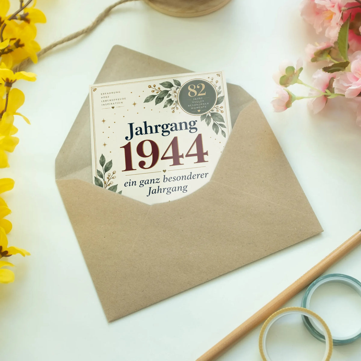 Elegante Geburtstagskarte Jahrgang 1944 mit Blumen zum 82. Geburtstag