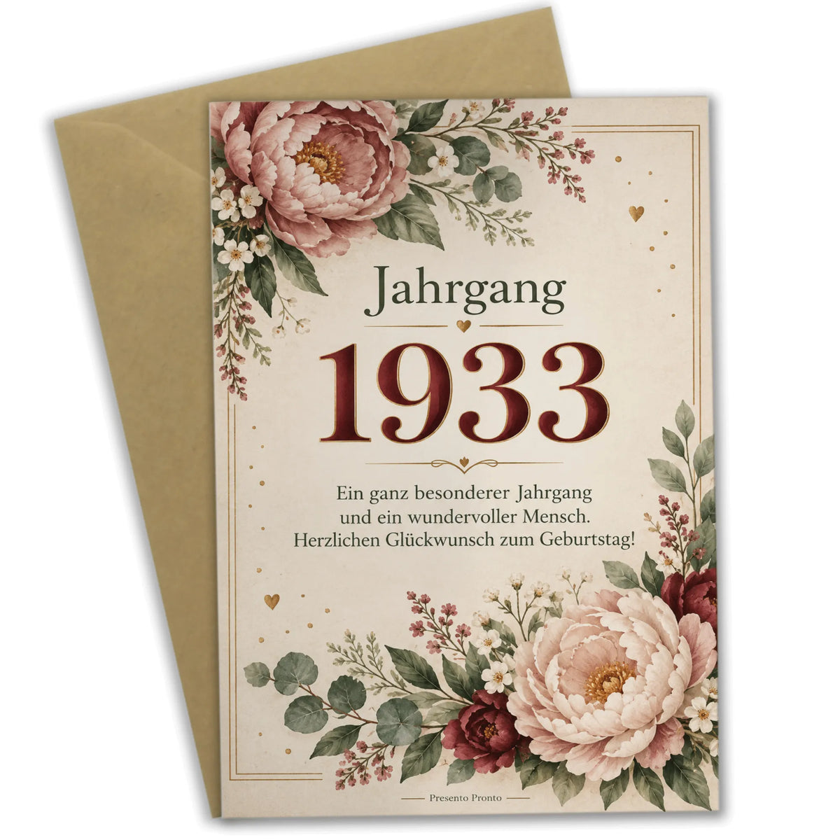 Elegante Geburtstagskarte Jahrgang 1933 mit Pfingstrosen