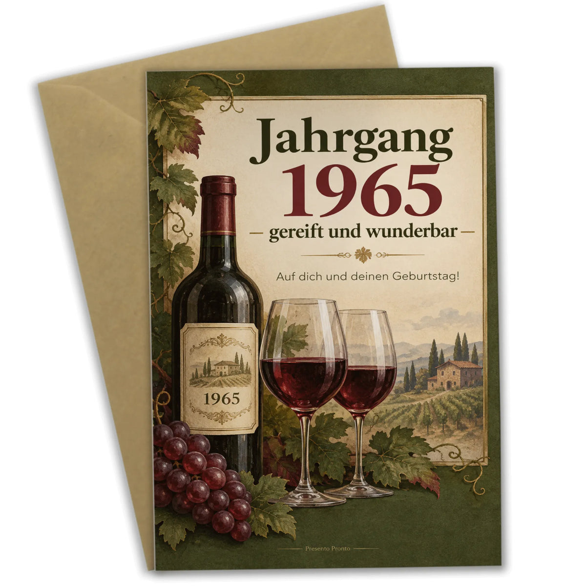 Elegante Geburtstagskarte für Jahrgang 1965 mit Weinflasche