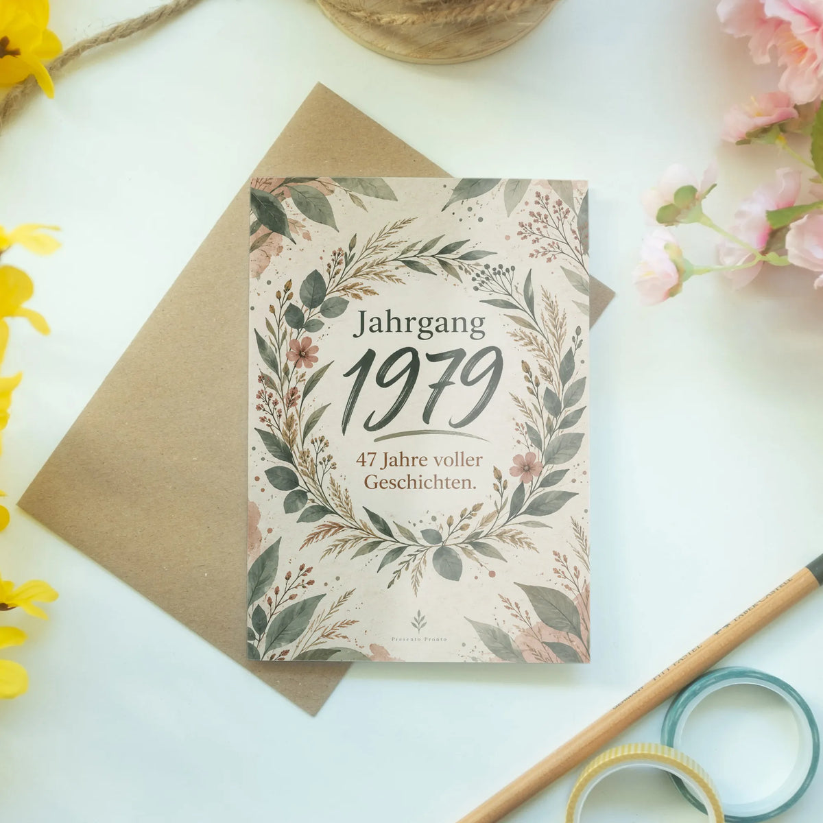 Elegante Geburtstagskarte Jahrgang 1979 zum 47. Geburtstag mit Blattkranz